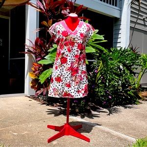 New Unique red floral and black polkadot white dress